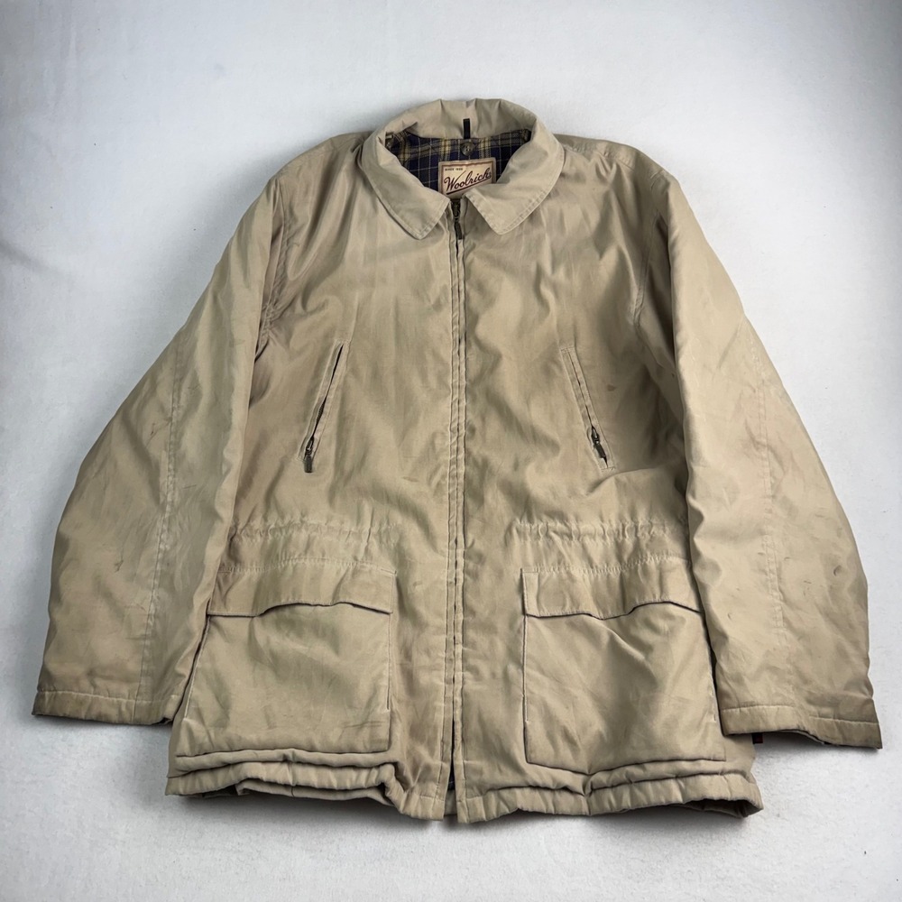 Woolrich Womens Large Tan Khaki Utility Field Jacket Plaid Lined Full Zip Coat